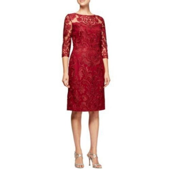 Alex Evenings Dress 12 Red 3/4 Long Sleeve Wedding Cruise Party Washable - Picture 1 of 14